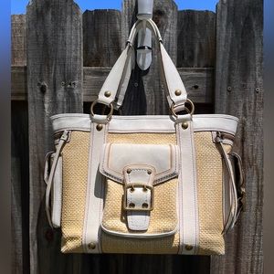 XL Vintage Coach Legacy Tote in White Leather & Natural Straw